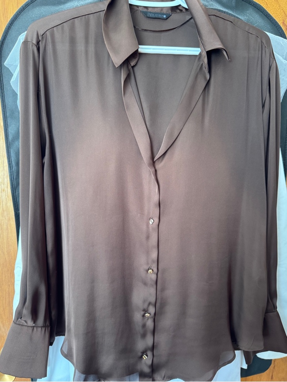 Zara Brown Silk-Look Button Front Blouse